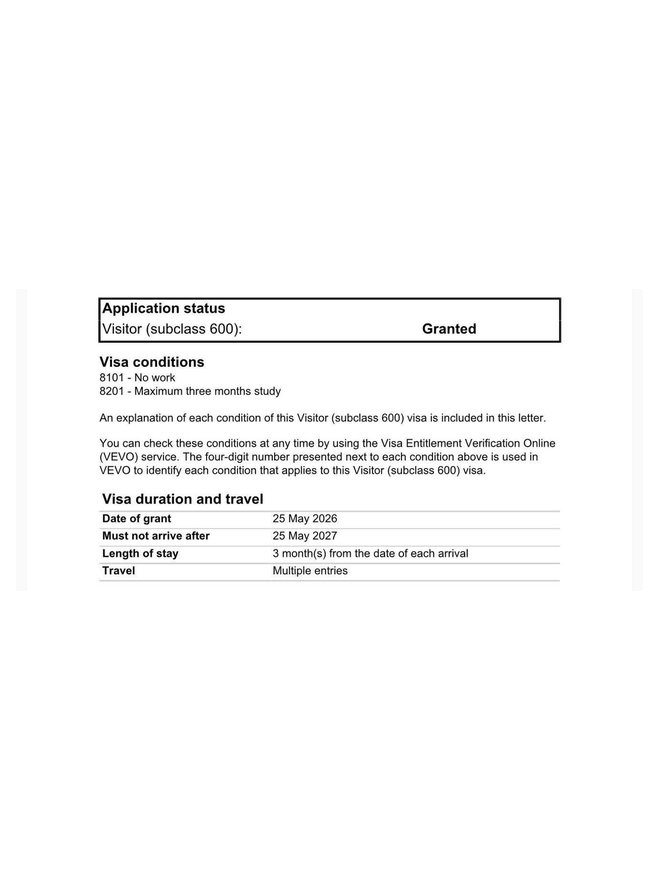 Approved Australia Visitor visa (Subclass 600) — Granted